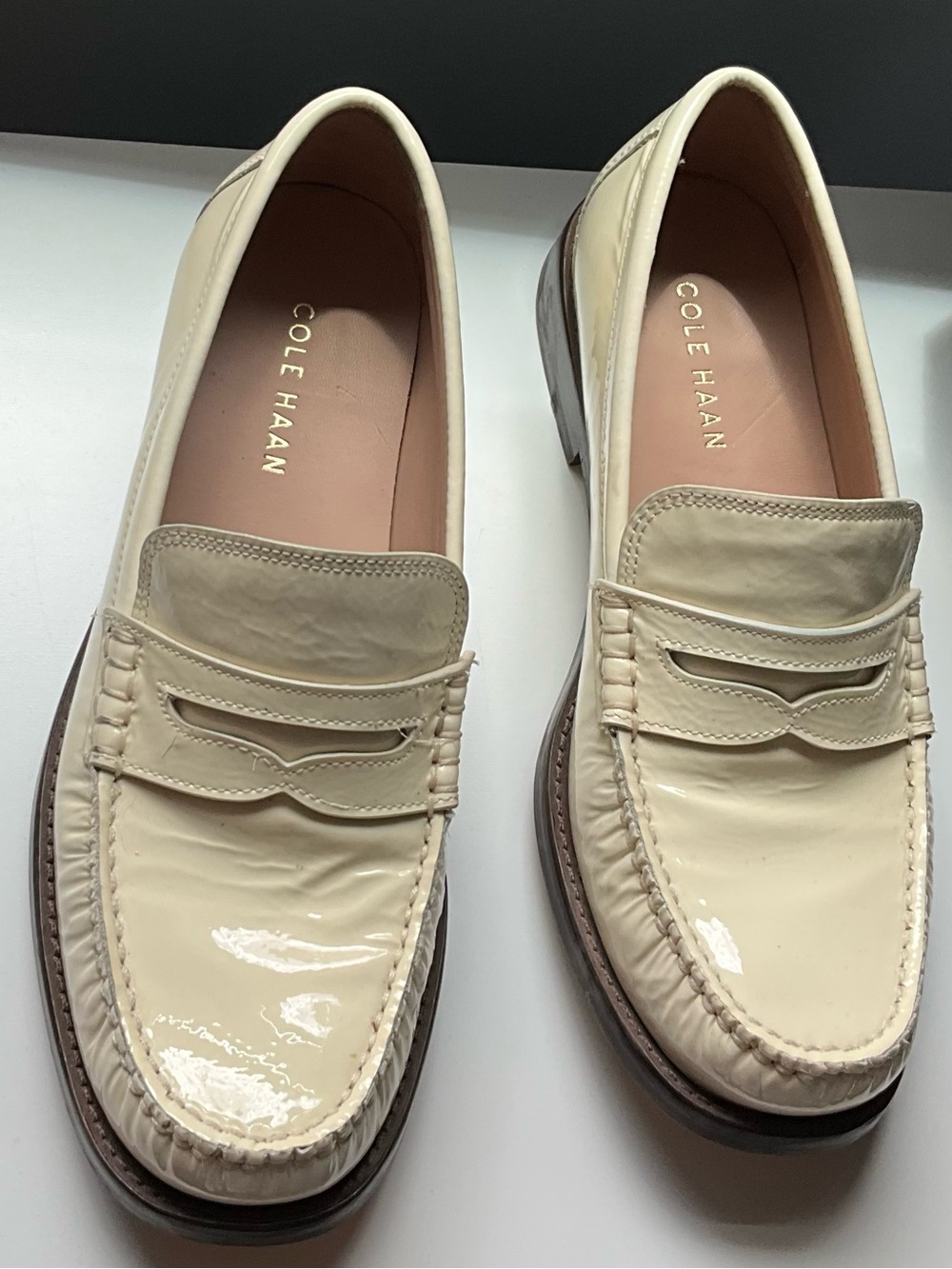 Cole Haan Cream Patent Leather Penny Loafers with Brown Sole